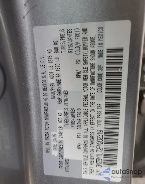 2015 Mazda 3 Touring из США, поврежденный, VIN 3MZBM1L72FM202319